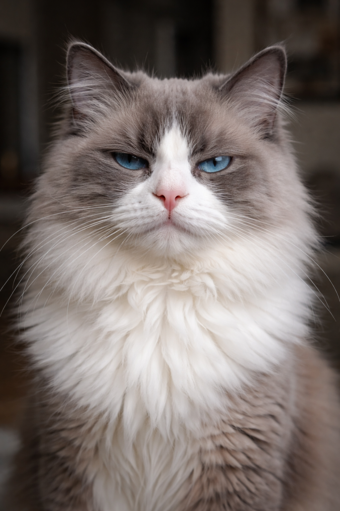 Picture of a grey and white Ragdoll type cat looking at the camera in a judging way.
