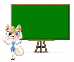 Pictures shows a hand drawn female cat stnading in front of a blackboard teaching, science cat style.
